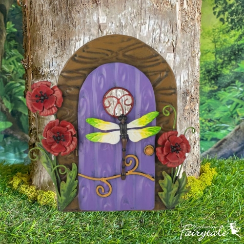 Feentür lila mit Mohnblumen - 18cm - Feengarten Zubehör Garten Deko