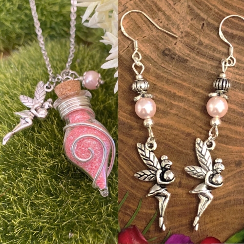 Schmuck Set Phiolen-Kette und Ohrringe der Lichtfee rosa - Glücksbringer mit Feenstaub - Nachtleuchtend