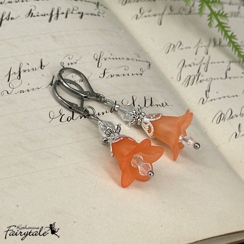 Ohrringe "Feenlaterne" - orange/klar - mit nachtleuchtender Perle