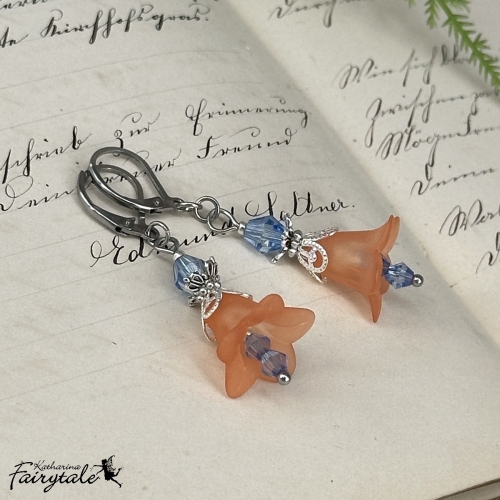 Ohrringe "Feenlaterne" - orange/blau - mit nachtleuchtender Perle
